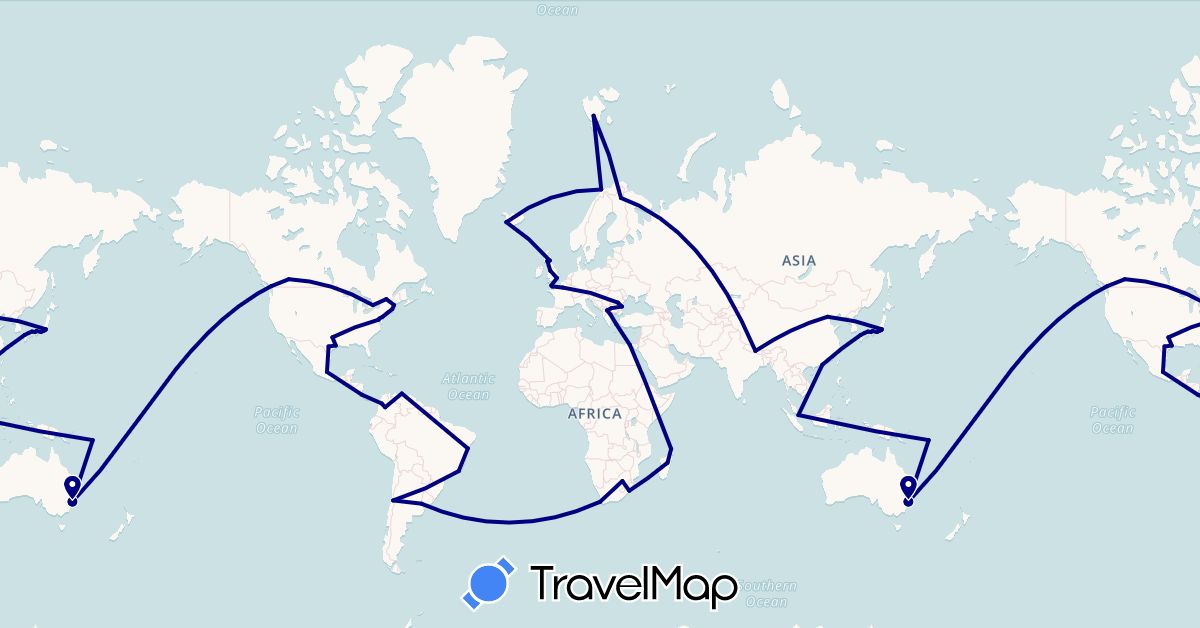 TravelMap itinerary: driving in Argentina, Australia, Bulgaria, Brazil, Canada, Chile, China, Colombia, Costa Rica, Egypt, Finland, France, United Kingdom, Guernsey, Greece, Iceland, Jersey, Japan, Madagascar, Macedonia, Mexico, Norway, Nepal, Romania, Solomon Islands, Singapore, United States, Venezuela, South Africa (Africa, Asia, Europe, North America, Oceania, South America)