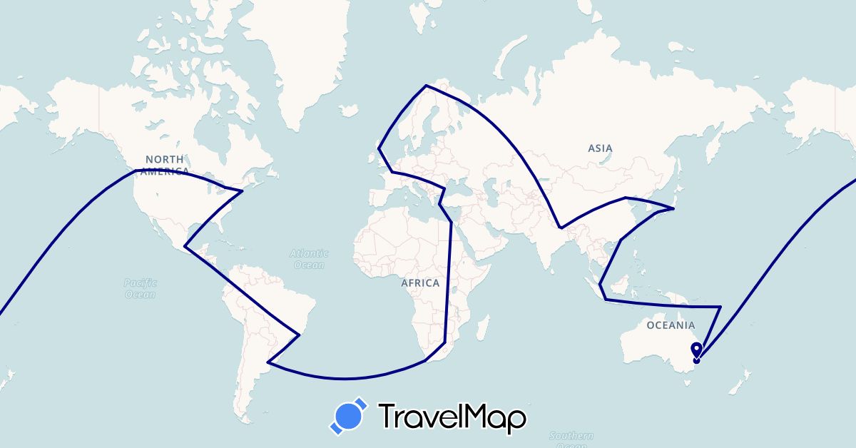 TravelMap itinerary: driving in Argentina, Australia, Bulgaria, Brazil, Canada, China, Egypt, Finland, France, United Kingdom, Greece, Indonesia, Japan, Mexico, Norway, Nepal, Solomon Islands, Singapore, United States, South Africa (Africa, Asia, Europe, North America, Oceania, South America)
